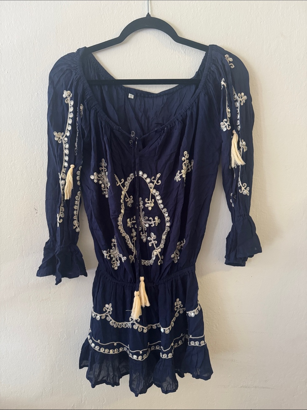 St. Tropez: Navy Embroidered Peasant Dress with Tassels